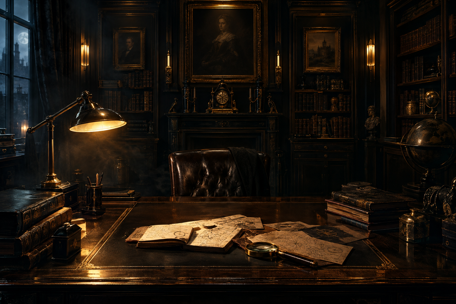 Illustrative concept of a noir manor archive interior with desk lamp glow, old books, coded notes and antique frames.