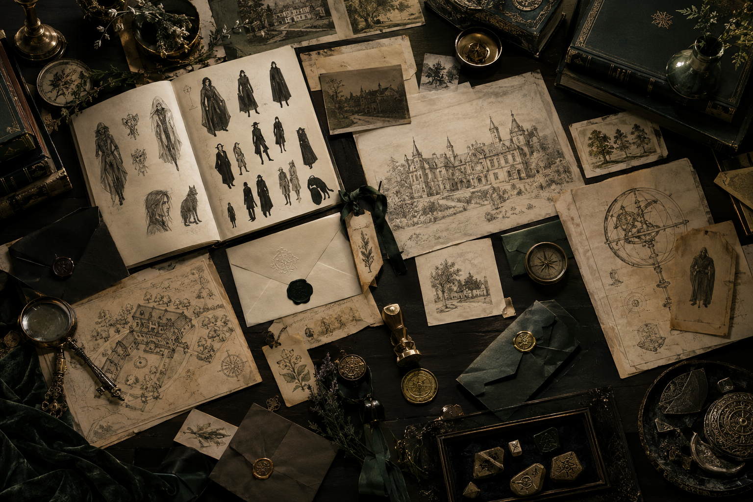 Illustrative concept of sketchbook pages, manor ephemera, character studies and coded desk objects arranged like an evidence board.
